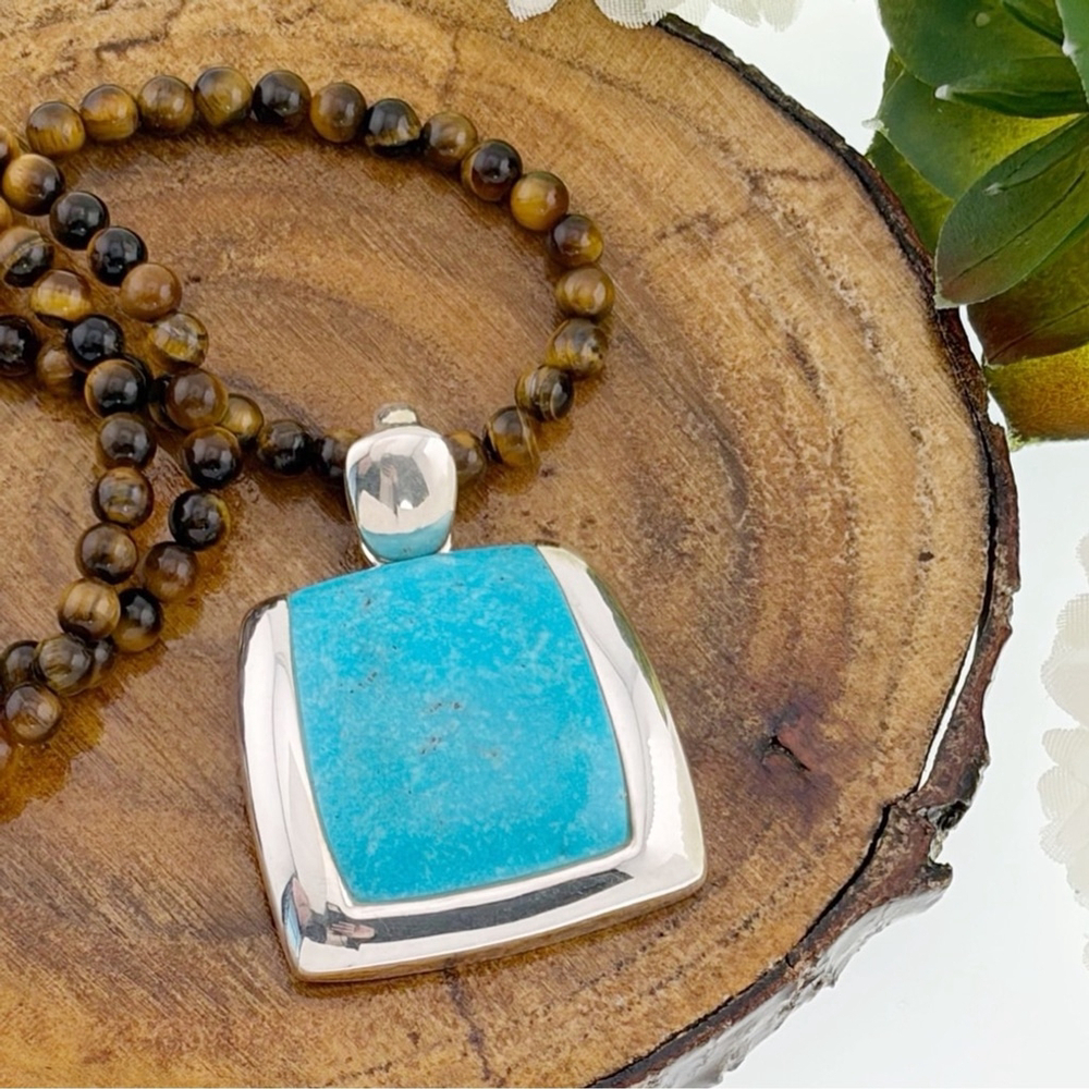 Vintage Sterling Silver 925 Turquoise Pendant Tiger’s Eye Necklace Southwest - Picture 3 of 13